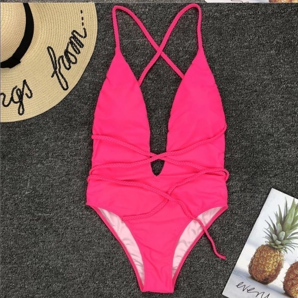 Neon Pink Plunging Criss Cross Backless One-Piece